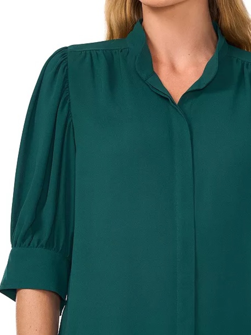 🌲 CeCe Women's 3/4 Sleeve Button Down Dark Forest Green Collar Blouse - Size L - Picture 2 of 12